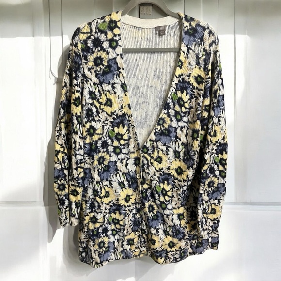 J. Jill Yellow Blue Floral V Neck Button Cardigan Sweater Size 2X - Picture 1 of 2